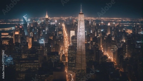 Obraz Generative AI. skyscrapers illuminated at dusk, New York skyline. IT building, IT hub, Business hub, media city, metropolitan town.  