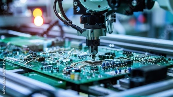 Fototapeta Automated machine soldering components on a printed circuit board (PCB) in a high-tech electronics manufacturing facility. Precision and technology in action.