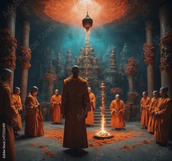 Fototapeta Buddhist monks in the ancient temple. 3D rendering.