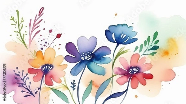 Fototapeta Watercolor art of colorful flowers and splatter on white