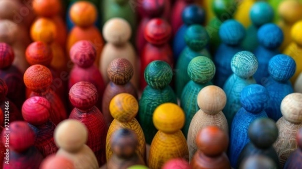 Fototapeta A close up of a group of wooden people toys in different colors, AI