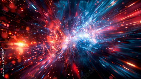 Obraz Abstract background of space with stars and galaxies explosion in blue red light motion blur effect. universe time travel, Black hole nebula galaxy portal