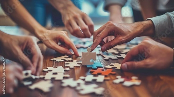 Fototapeta Team Building Activity: Employees Engaged in Jigsaw Puzzle Collaboration