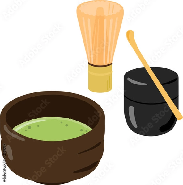 Obraz 抹茶が入った茶碗と茶筅と棗