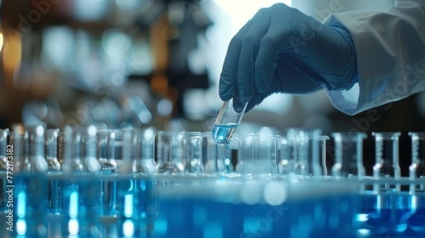 Fototapeta Medical Research Laboratory: Portrait of a Beautiful Female Scientist Using Micro Pipette for Analysis. Advanced Scientific Lab for Medicine, Biotechnology, Microbiology Development. Hands Close-up