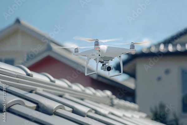 Obraz 瓦屋根の雨漏りや不具合を点検するドローン