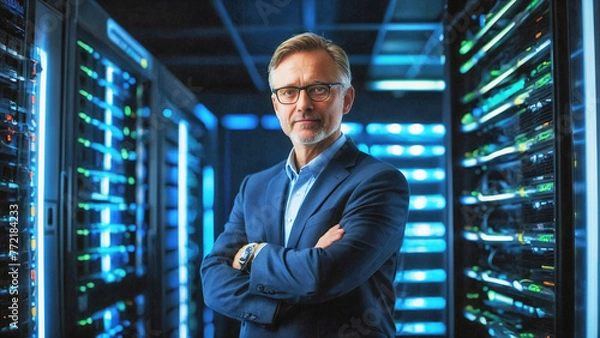 Fototapeta Data Center Chief Technology Officer Standing In server room. Cloud Computing, Web Service