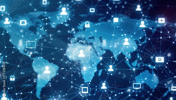 Fototapeta Global Connections: Network of Digital Devices Interacting Worldwide