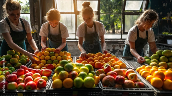 Fototapeta Fresh Produce Quality Inspection: Team of Workers Sorting Fruits at Local Farm