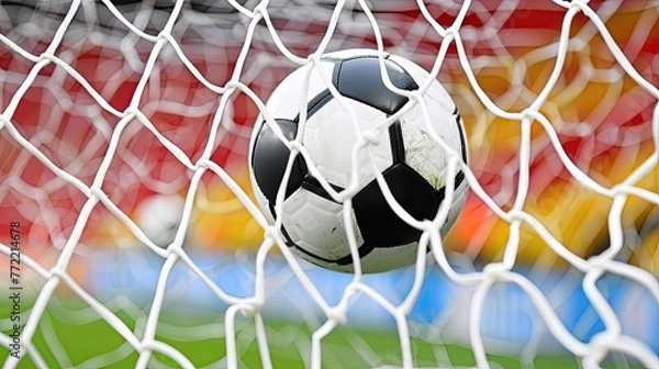 Fototapeta Close-up of a soccer ball in the net with stadium background.