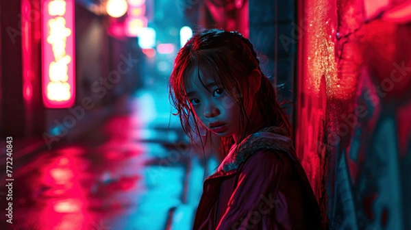 Fototapeta Young child is striking a pose in the dim light cast by a flashlight against the city pavement, embodying the aesthetic of lofi music