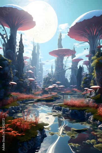 Fototapeta Alien Dreamscape: Surreal Digital Artwork of Exotic Landscape
