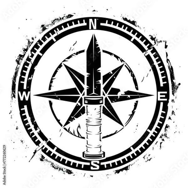 Fototapeta A monochrome emblem featuring a compass with cardinal directions and a central motif of a crossed Bowie knife and fire starter over a rough terrain background.
