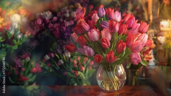 Fototapeta A bouquet of tulips in a vase on a shelf of a flower shop, 3D rendering, against the background of colorful bouquets of tulips.