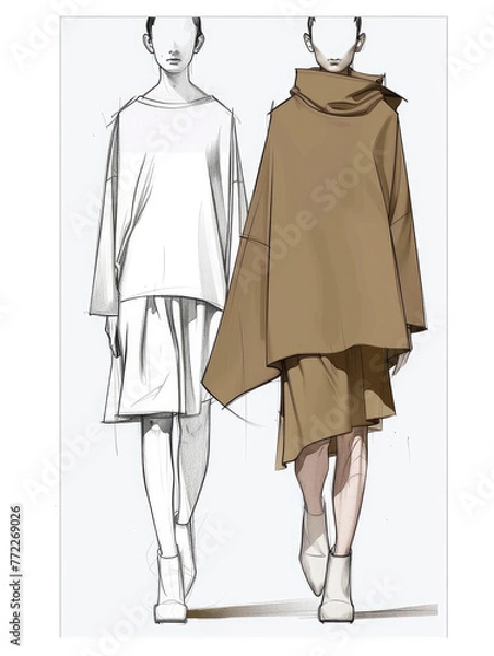 Obraz fashion sketching of an Oversized regular top with skirt，Minimalist asymmetrical style .With simple lines and flat shapes, illustration made with generative AI