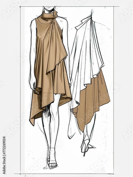 Fototapeta fashion sketching of an Oversized regular top with skirt，Minimalist asymmetrical style .With simple lines and flat shapes, illustration made with generative AI