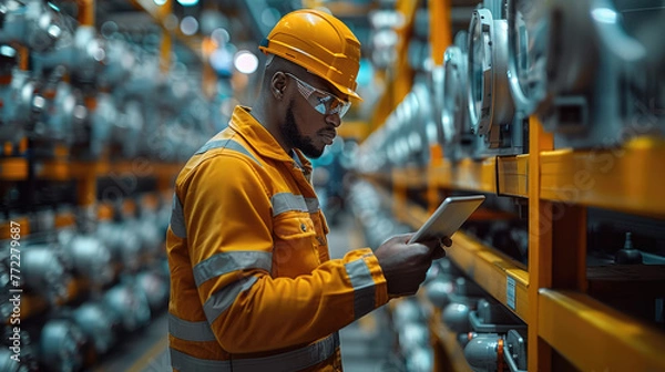 Fototapeta A worker in overalls, holding a tablet computer, stood next to the production line and carefully carried out the work of identifying equipment. Generative AI.