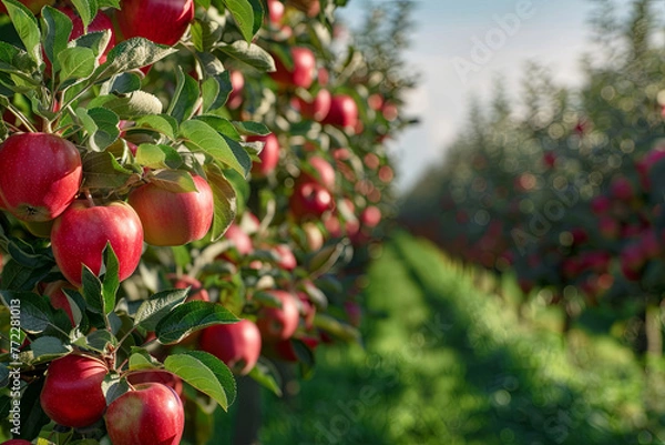 Fototapeta Apple trees in an orchard, with red apples ready for harvest
