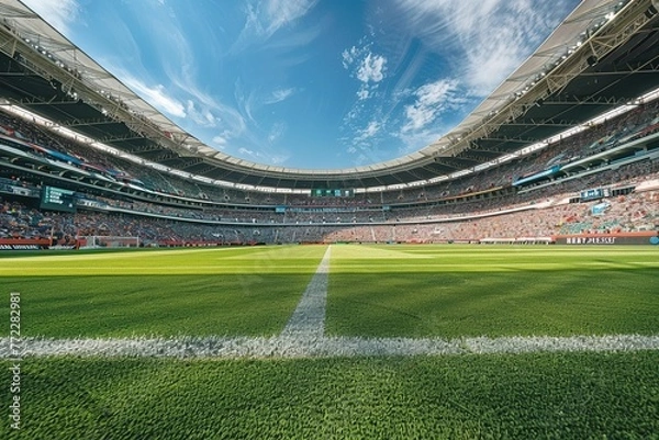 Fototapeta realistic view from middle of football pitch, filled stadium during the da