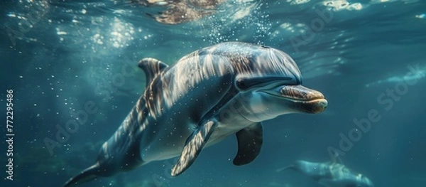 Fototapeta A graceful dolphin glides through the water surrounded by a large group of fish. The scene captures the marine life in motion.