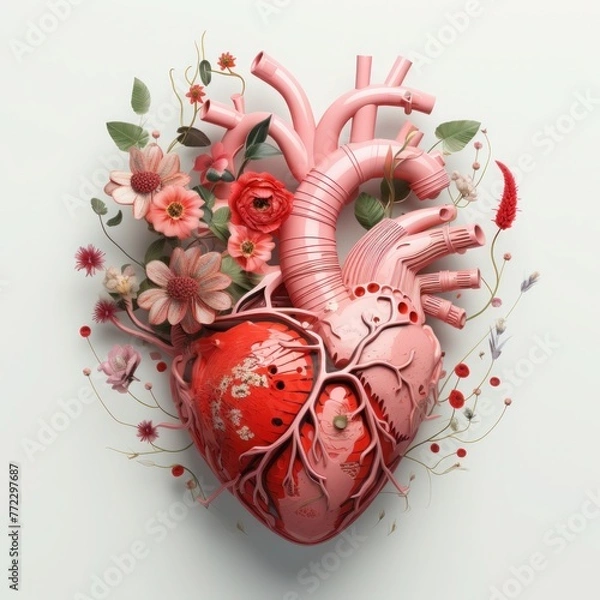 Obraz Bright red human heart with flowers on pink background