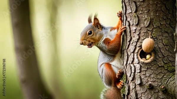 Fototapeta   A squirrel climbs up a tree to reach the top of its head (This text implies that there is a part of a squirrel called the top of its head