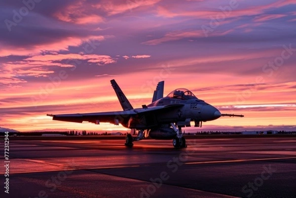 Obraz A fighter plane soaring through a fiery sunset