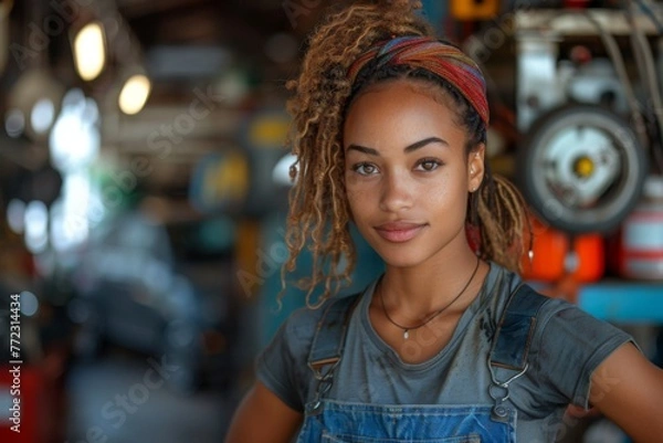Fototapeta a young African-American woman with hair gathered in a knot, in work overalls, stands against the backdrop of a blurred workshop