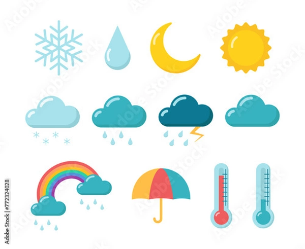 Obraz Set of flat vector weather icons isolated on white background