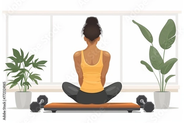 Fototapeta Woman exercise with dumbbells, cute flat cartoon illustration