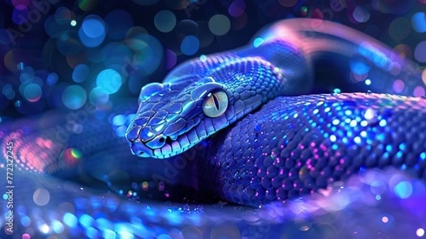 Fototapeta A vibrant, digitally enhanced image of a snake with a blue and purple hue