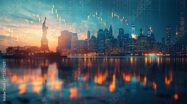 Fototapeta New York business skyline with stock exchange trading chart double exposure, Liberty Statue, trading stock market digital concept	
