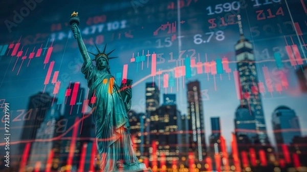 Fototapeta New York business skyline with stock exchange trading chart double exposure, Liberty Statue and American flag, trading stock market digital concept	
