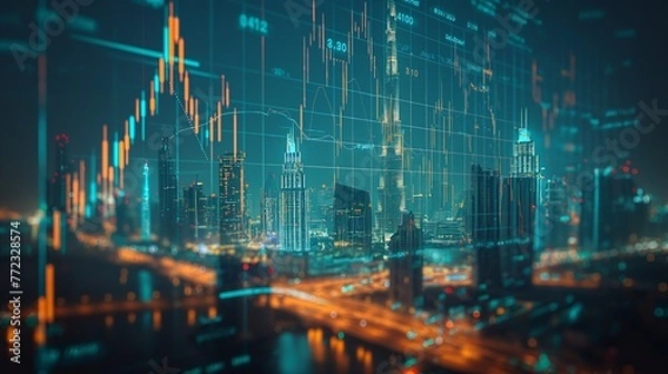 Fototapeta Dubai UAE business skyline with stock exchange trading chart double exposure with, middle east trading stock market digital concept	
