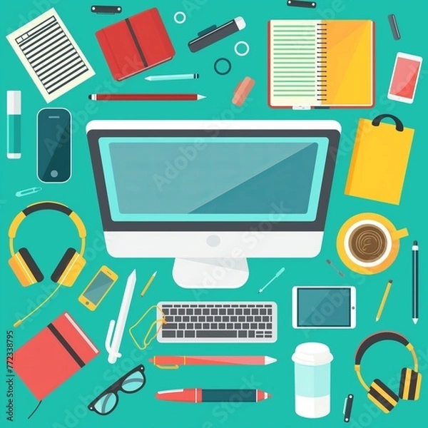 Fototapeta Computer workspace top down view flat cartoon illustration