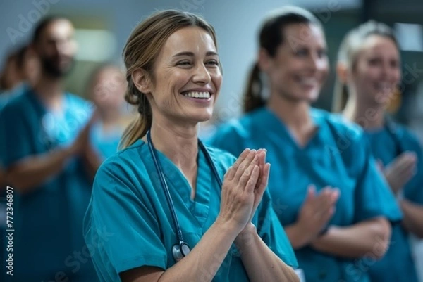 Fototapeta A cheerful female healthcare professional in blue scrubs clapping hands with her colleagues in the background.