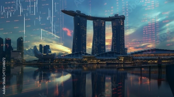 Fototapeta Singapore skyline with stock exchange trading chart double exposure, Asia trading stock market digital concept	