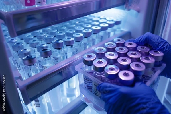Fototapeta A laboratory technician in blue gloves stores medical vaccine vials in a cold refrigerator, depicting healthcare and medical research.