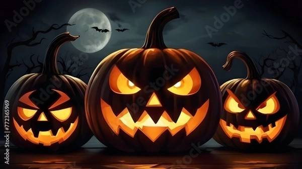 Fototapeta Illustration of glowing carved pumpkins with different evil faces in the dark at Halloween night. Generative AI