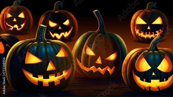 Fototapeta Illustration of glowing carved pumpkins with different evil faces in the dark at Halloween night. Generative AI