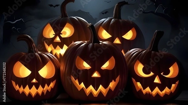 Fototapeta Illustration of glowing carved pumpkins with different evil faces in the dark at Halloween night. Generative AI