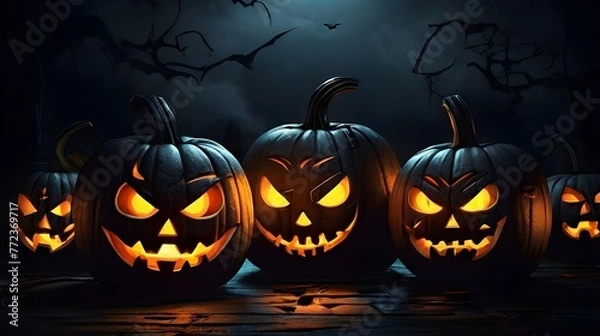 Fototapeta Illustration of glowing carved pumpkins with different evil faces in the dark at Halloween night. Generative AI