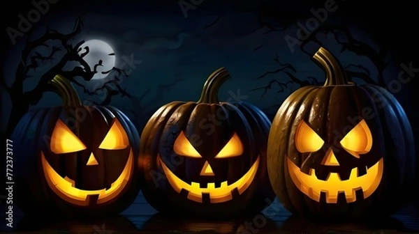 Fototapeta Illustration of glowing carved pumpkins with different evil faces in the dark at Halloween night. Generative AI
