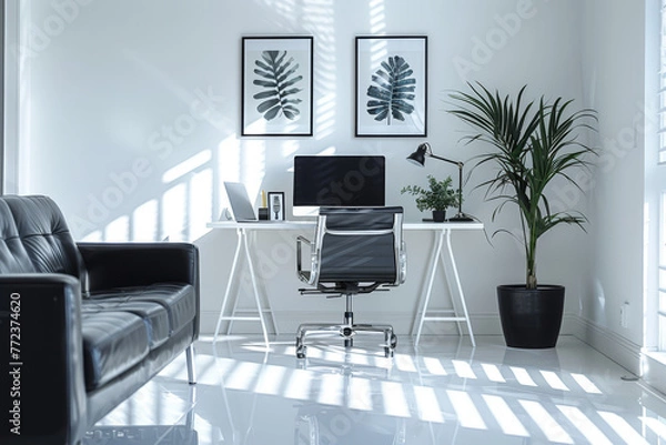 Fototapeta A chic, modern home office design with shining floors, abundant sunlight, and stylish furnishings, perfect for productivity..