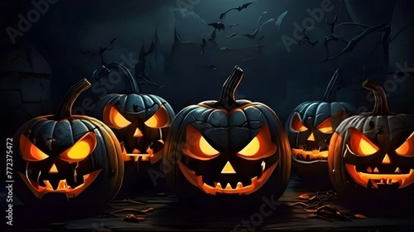 Fototapeta Illustration of glowing carved pumpkins with different evil faces in the dark at Halloween night. Generative AI