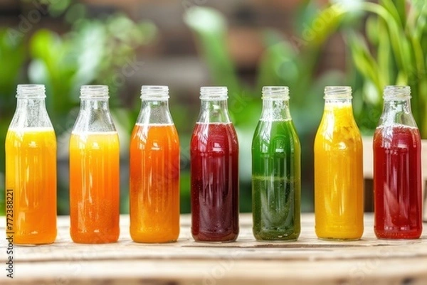 Fototapeta Bottles with various healthy and freshly squeezed juices store table