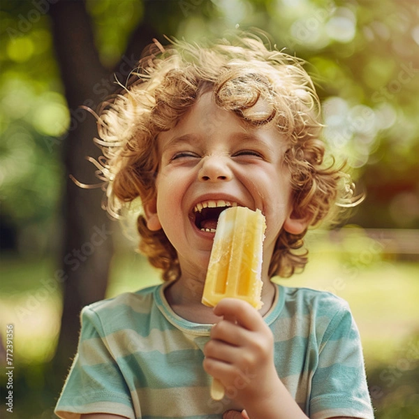 Fototapeta Boy child eating a popsicle laughing on a sunny hot summers day