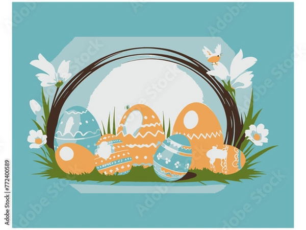 Obraz Easter poster and banner template with Easter eggs in the nest on light  background.Greetings and presents for Easter Day in flat lay styling