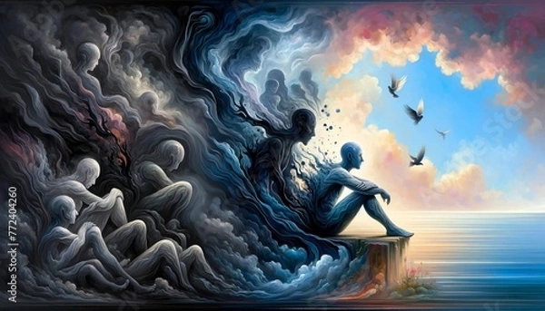 Fototapeta A digital painting vividly depicting the evolution of a person from being engulfed by anxiety to achieving a state of calm and freedom