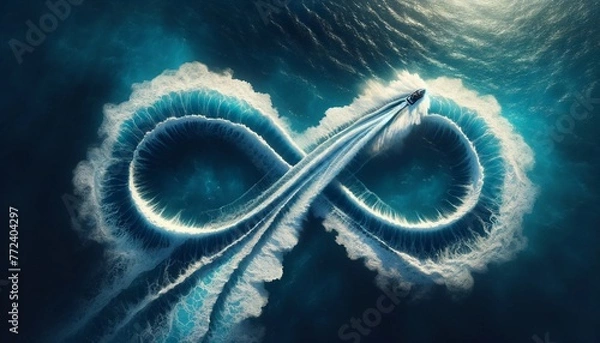 Fototapeta A jet ski is riding the waves of a giant, swirling, water-filled infinity symbol. The jet ski is the only object in the image, and it is the only thing that is moving. The water is blue and he is calm